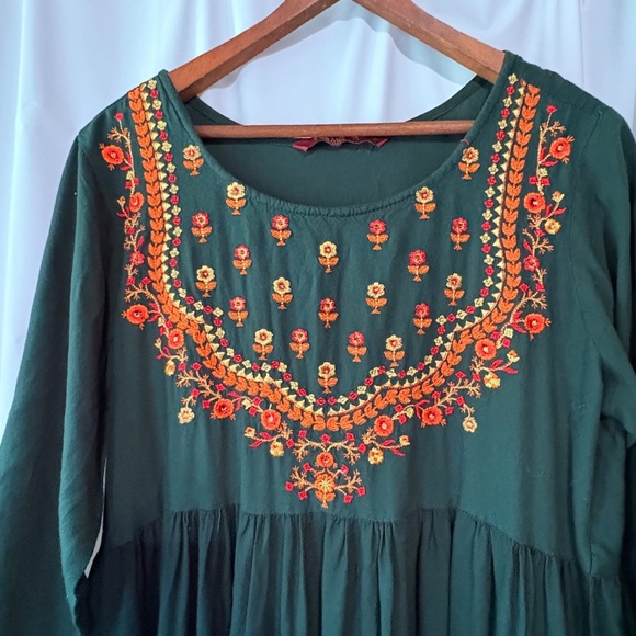 Gulmohar Jauur Green Embroidered Indian Kurta Dress 3/4 Sleeve - XXL - Picture 2 of 5